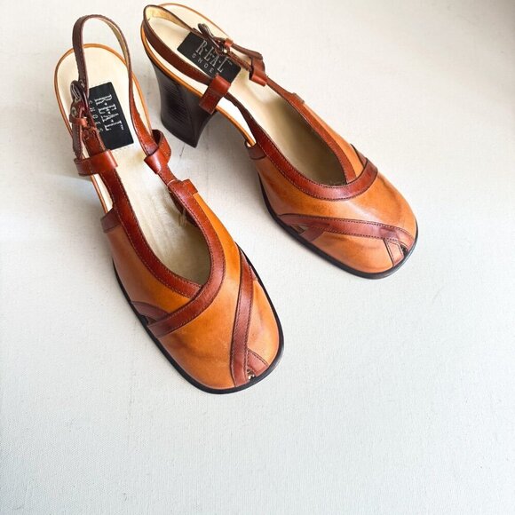 Vintage y2k REAL Shoes Square Toe Block Heel Leather Slingbacks 7 - Picture 2 of 12
